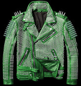 Men Green Full Silver Studded Brando Biker Genuine Leather Belted Jacket